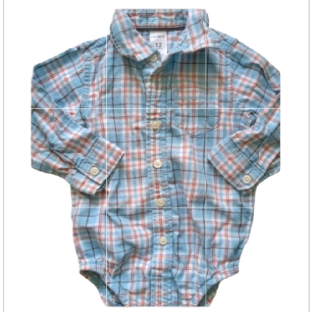 💫Carter's Blue and Red Button Down Plaid Baby Onesie Long Sleeve 12M